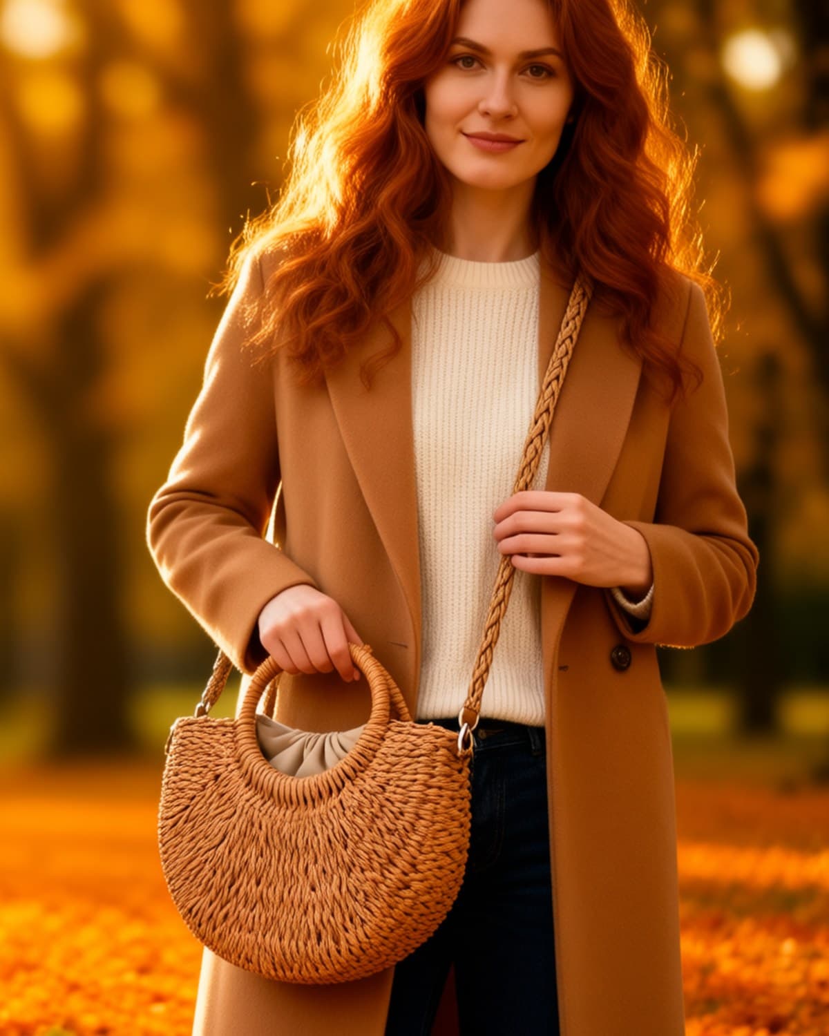 Model in knitwear carrying a handwoven bag on an autumn path