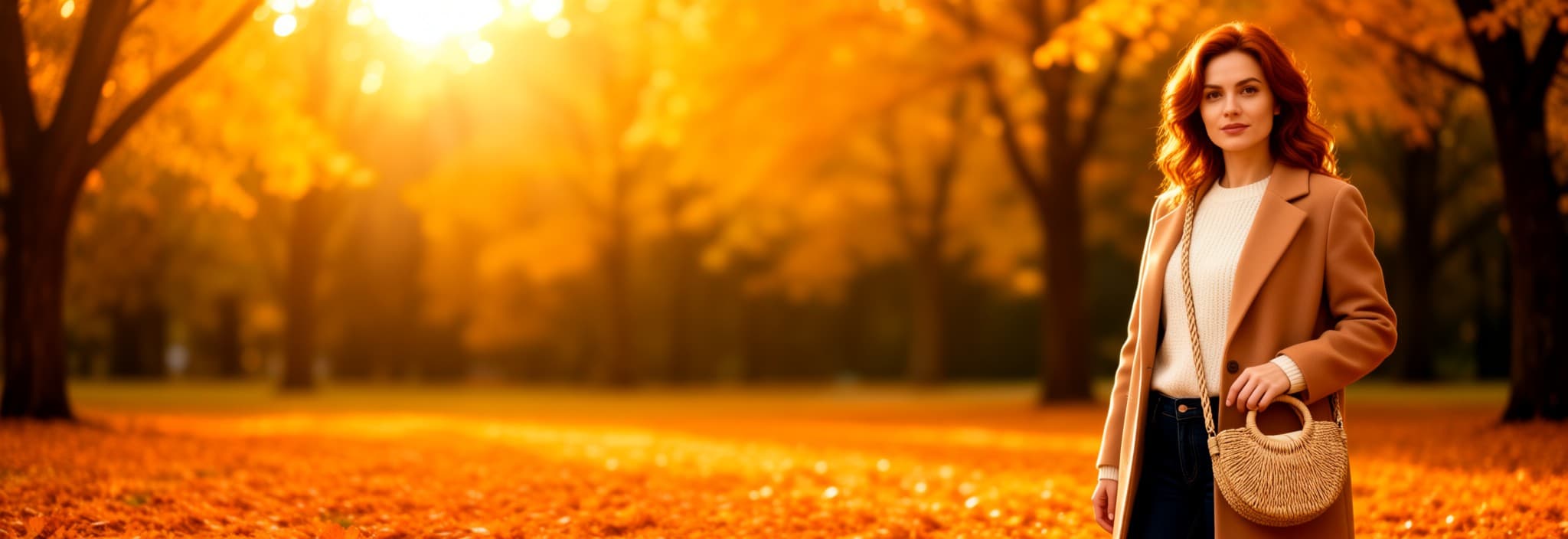 Model in knitwear carrying a handwoven bag on an autumn path